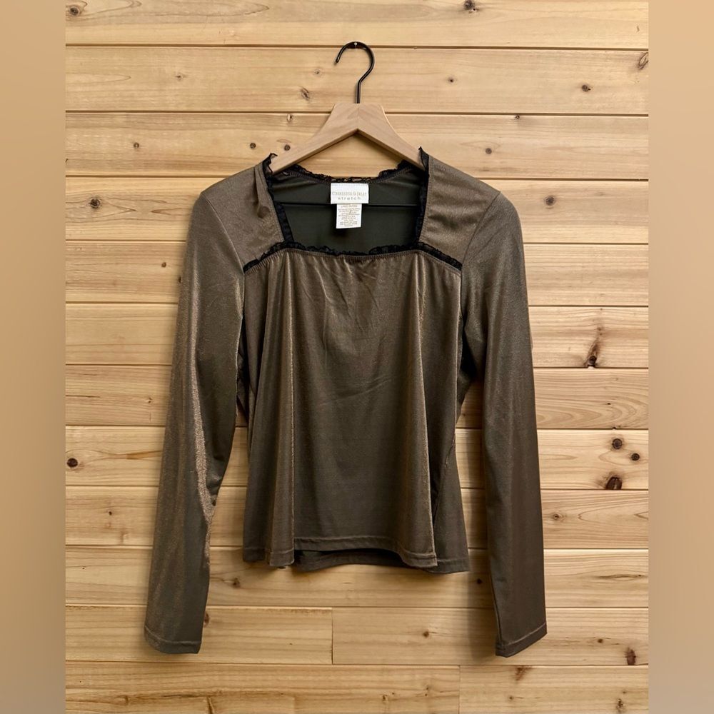 VNTG Y2K Christie & Jill Medium Metallic Squareneck Lace Trim Whimsigoth Blouse